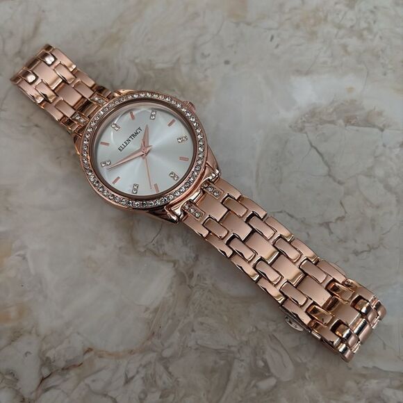 Ellen Tracy Rose Gold Tone Crystal Accent Link Bracelet Band Watch 7.5” - Picture 3 of 11